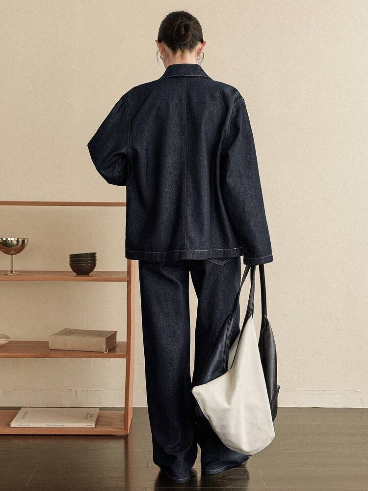 Women's Casual Fashion Street Style Contrast Stitch Patchwork Pocket Denim Shirt And Jeans Set, Spring/Autumn