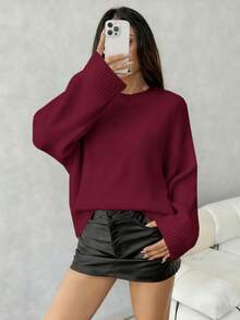 SHEIN PETITE 女士纯色V领宽松红色针织毛衣，适合圣诞节和新年，娇小身材，秋冬季女装，秋季女装，冬季女装 - 酒紅色 - 查看 5