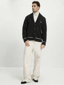 Manfinity Homme 男士秋冬刺绣马图案单排扣休闲针织长袖开衫 - 黑色 - 查看 4