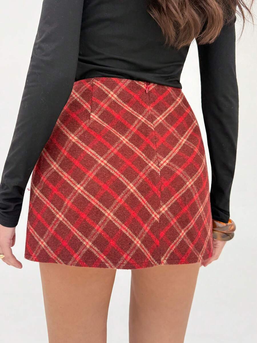 Aloruh Women's Red Plaid Christmas & HalloweeAll-Matchic Versatile Skirt, Autumn/Winter - Red - View 1