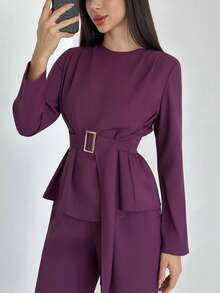 Aloruh Conjunto de 2 piezas de camisa y pantalones de unicolor elegante para mujer - Morado - Ver 3