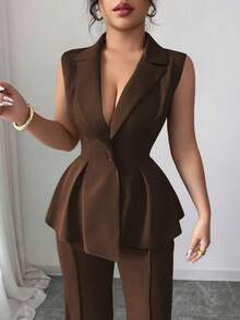 SHEIN Elenzya Bộ vest nữ thanh lịch lãng mạn cổ bẻ không tay cỡ lớn - Cà phê nâu - Xem 5