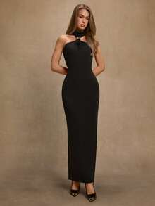 SHEIN BAE 女式无袖金属扣装饰露背优雅直筒连衣裙，适合浪漫约会、宴会、优雅郊游、派对、婚礼宾客礼服、圣诞派对、黑色正式礼服 - 黑色 - 查看 2