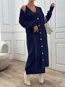 EURMUSE Ponpon And Stone Button Detail Maxi Long Cardigan - Navy Blue - View 3