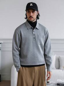 HUEFORM Męska, swobodna, jednokolorowa bluza zapinana na guziki i skrócona wersja. Elastyczny materiał podkreśla figurę i nadaje się do noszenia zarówno na zewnątrz, jak i wewnątrz. Bluzka męska z długim rękawem. - Ciemnoszary - Zobacz 4