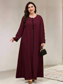 Veilorie Đầm kiểu Ả Rập thiết kế nút cổ tròn tay dài cỡ lớn cho nữ - Màu Đỏ Sâu - Xem 2