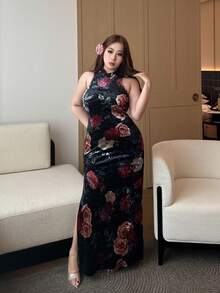 Flirla 春秋季优雅新款中国风高端镂空领露肩修身连衣裙，收腰侧开衩设计 - 彩色 - 查看 5