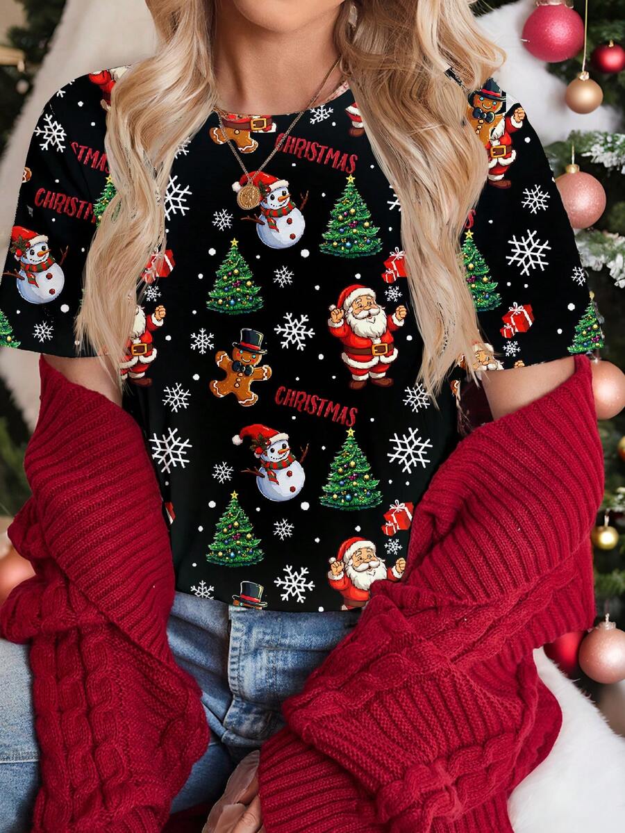 SHEIN LUNE 休闲简约圣诞姜饼人和圣诞老人印花圆领宽松女式T恤 - 彩色 - 查看 1