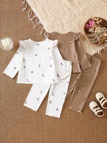 SHEIN 女婴碎花长袖上衣和裤子两件套，荷叶边领，秋冬款 - 彩色 - 查看 2