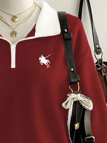 Women's Colorblock Zip-Up Polo Collar Long Sleeve Casual Sweatshirt With Knight Print - Red - View 3