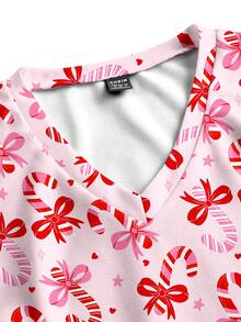 TaskEZ Christmas Casual Candy Cane Print Short Sleeve Scrub Uniform Top - Multicolor - View 5