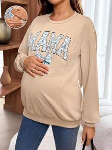SHEIN Maternity Letter & Bow Print Round Neck Drop Shoulder Long Sleeve Casual Sweatshirt Pregnant Clothes Pregnant Outfits Maternity Tops Pregnancy Shirts Maternity Clothes T-Shirts,Maternity Clothes Maternity Clothes T Shirts