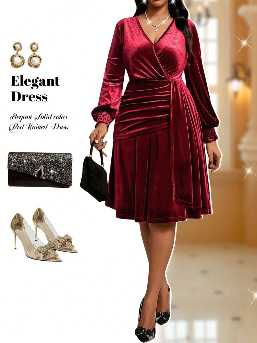 Fleurora Women's Burgundy Autumn Elegant Party Red Knitted Velvet Overlap Collar Flared Bishop Sleeve Shirred Midi Plus Size Dress For Christmas New Year