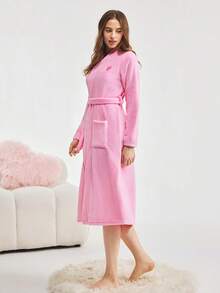 Bonmuse 1 pieza Bata elegante de mujer con cuello en V, manga larga y cinturón, para otoño/invierno - Rosa - Ver 6