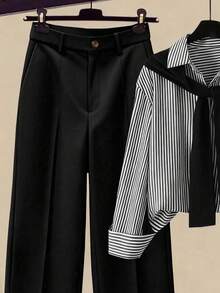 Franclia 女士条纹披肩领衬衫和高腰阔腿裤两件套，春秋季