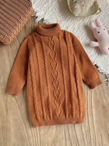 Girls' Fashion Turtleneck Twist Rope Long Sleeve Sweater Dress,Kids Brown Apricot Tan Autumn Dress,Back To School Outing Party Fashionable Knitwear - Brown - View 6