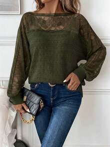 SHEIN Clasi 女士蕾丝边拼布套头衫 - 軍綠色 - 查看 9