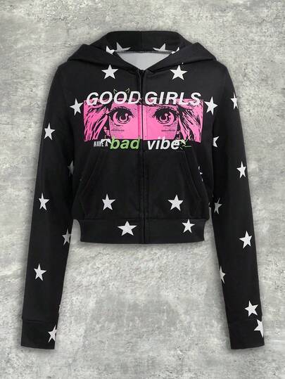 Shutterstock Y2Kool Sudadera con capucha con estampado de pentagrama de dibujos animados para mujer, ajuste regular, ropa de calle Y2K, adecuada para otoño/invierno. Idea de combinación: tops cortos de manga larga con gráficos para mujeres, atuendo de estrella de rock, sudaderas cortas con capucha para mujeres, colección de ropa de estilo, nuevos atuendos de año nuevo