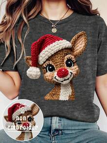EMERY ROSE Christmas Themed Plush Reindeer Pattern Printed Casual Kawaii T-Shirt With Additional Features Birthday Vacation Grey - Dark Grey - View 1