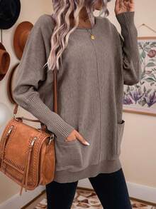 LanaWest Dual Pocket Batwing Sleeve Pocket Patched Sweater,Long Sleeve Tops Knit Pullover Fall Winter - Brown - View 1