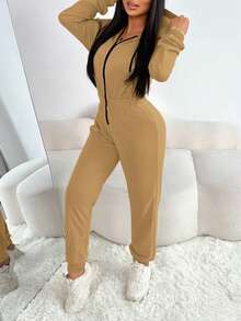 Eryvara Women's Drop Shoulder Long Sleeve Contrast Color Drawstring Hooded Casual Jumpsuit - Khaki - View 6