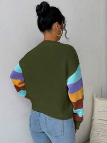 EMERY ROSE Casual Colorblock Striped 3D Floral Decor Sweater, Autumn/Winter