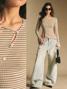 Poéselle 女式秋季时尚通勤条纹不对称下摆喇叭袖T恤 - 杏色 - 查看 2