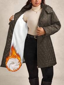 Zelara Quilted Padded Coat With Metal Belt, Plus Size Hooded Coat In Fall/Winter - Coffee Brown - View 1