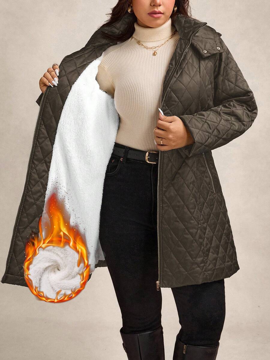 Zelara Quilted Padded Coat With Metal Belt, Plus Size Hooded Coat In Fall/Winter - Coffee Brown - View 1