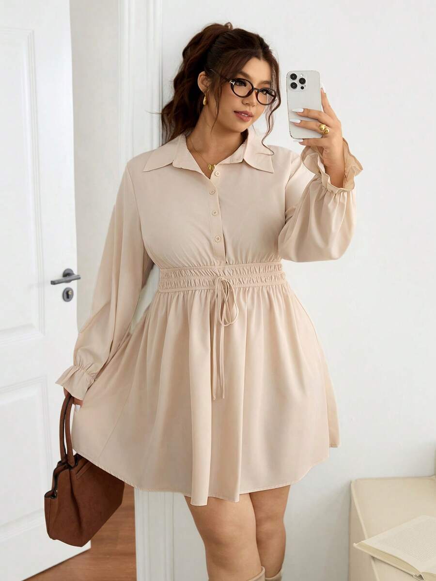 SHEIN Frenchy 大码女式纯色长袖纽扣前襟系带休闲衬衫裙 - 杏色 - 查看 1