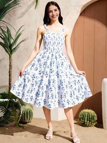 Teen Girls' Ditsy Floral Print Spaghetti Strap Dress Summer Holiday