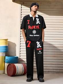 Popeye X SHEIN طقم تي شيرت بأكمام قصيرة وبنطلون كاجوال مطبوع عليه رسومات حرفية للرجال، صيفي - الأسود - مشاهدة 1