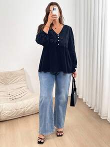 CosyJoli Plus Size Women Spring And Summer Fashion Casual Loose Daily Comfortable Eyelet Embroidery Long Sleeve V-Neck Blouse,Spring,Women Blouse,Slightly Sheer, Vacation