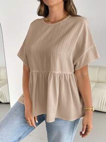 Auralis 大码女装春夏时尚休闲宽松舒适日常百搭修身短袖衬衫，简约风格，凸显曲线，可爱上衣，奶油黄，外出上衣，女士衬衫，欧洲夏季，荷叶边上衣，女士早午餐，商务休闲女装，教师衬衫 - 杏色 - 查看 3