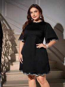 SHEIN Clasi Vestido de fiesta elegante de manga media larga y longitud media para mujer talla grande, vestido de fiesta de Navidad - Negro - Ver 6