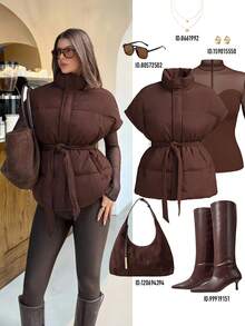 Siren Gaze 女士休闲日常通勤简约纯色高领系带羽绒服，冬季巧克力棕色上衣，深棕色上衣，咖啡棕色上衣 - 棕色 - 查看 1