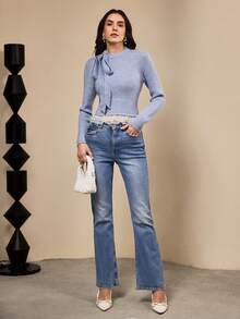 Penseblé Women's Fashionable Casual Tie Neck Bow Hem Contrast Lace Pullover Sweater, Suitable For Christmas And New Year - Blue - View 6