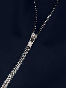 EMERY ROSE Fashionable Casual Style Long Sleeve Plaid Collar Zipper Letter Print Sweatshirt For Women - Navy Blue - View 6