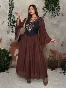 Whyspr 优雅 V 领束腰喇叭袖长裙 - 棕色 - 查看 3