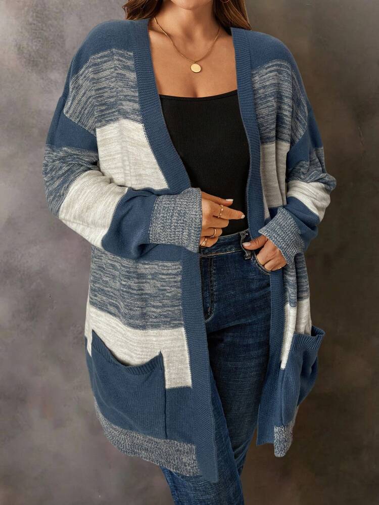 Plus Size Women's Dropped Shoulder Long Sleeve Casual Vacation Tie-Dye Striped Cardigan, Autumn/Winter