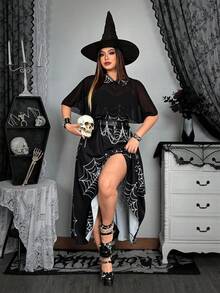 Whyspr Grunge Punk 2pcs/Set Gothic Elegant Spider Web Print Camisole Dress With Chiffon Shawl, Halloween Party Cosplay - Black and White - View 4