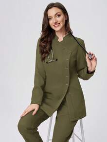 Scrubzie 两件套防皱立领长袖女士工作服套装（上衣和裤子） - 軍綠色 - 查看 6