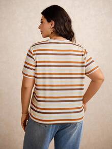 Elaquor Plus Size Vacation Color Block Striped Casual Summer Short T-Shirt Spring - Multicolor - View 7