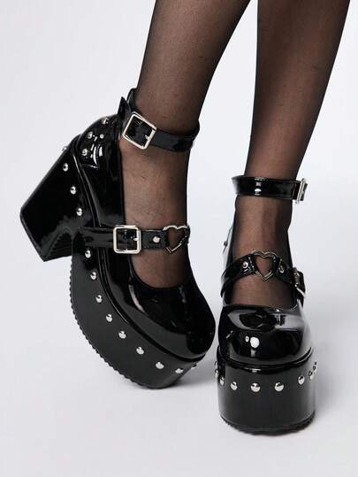 Grunge Punk Women's Fashion Thick Sole Wedge Heel Rivet Decor Ankle Strap Buckle Decor Loafers