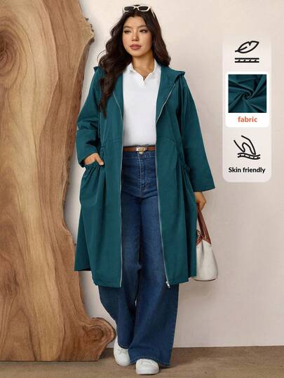 Zelara Plus Size Fashion Solid Green Hooded Pocket Design Mid-Length Jacket For Fall With Pockets Trench Women Coat Winter Clothes Long Jacket For Women Outerwear Women Fall Clothes For Women Long Cardigan For Women