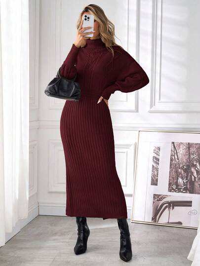 Lavishia 女士秋冬绞花针织高领长款毛衣连衣裙