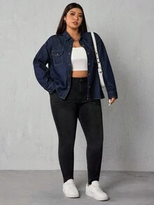 SHEIN ICON 大码女式高腰口袋保暖内衬紧身休闲百搭牛仔裤 - 黑色 - 查看 5