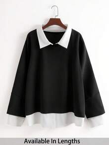 SHEIN PETITE CURVE Plus 2 In 1 Contrast Collar Sweatshirt Graduation,Back To School Outfits,Graduation,Teacher Outfits For Women,Back To School Winter Fall Autumn - Black - View 1