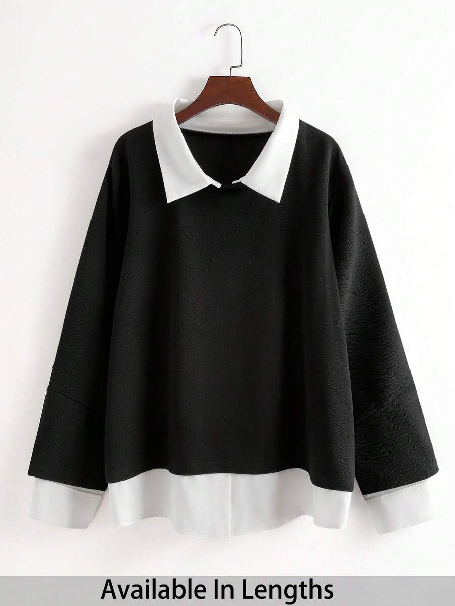 SHEIN PETITE CURVE Plus 2 In 1 Contrast Collar Sweatshirt Graduation,Back To School Outfits,Graduation,Teacher Outfits For Women,Back To School Winter Fall Autumn - Black - View 1