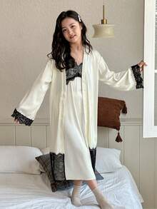 DAZY 2pcs Tween Girls Camisole Nightgown + Long Cardigan Loungewear Set, Fall - Apricot - View 1
